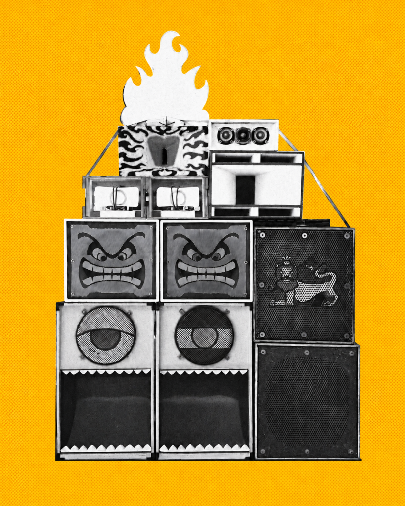 Bigbada Boom speaker stack on a full-bleed yellow-orange halftone background.