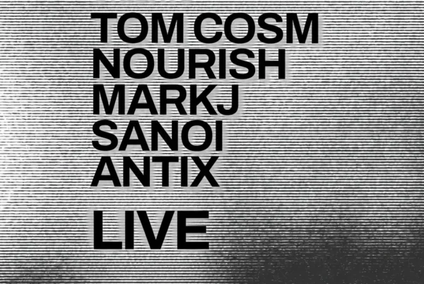Left-aligned bold artist names on textured horizontal lines, monochrome promotional poster.