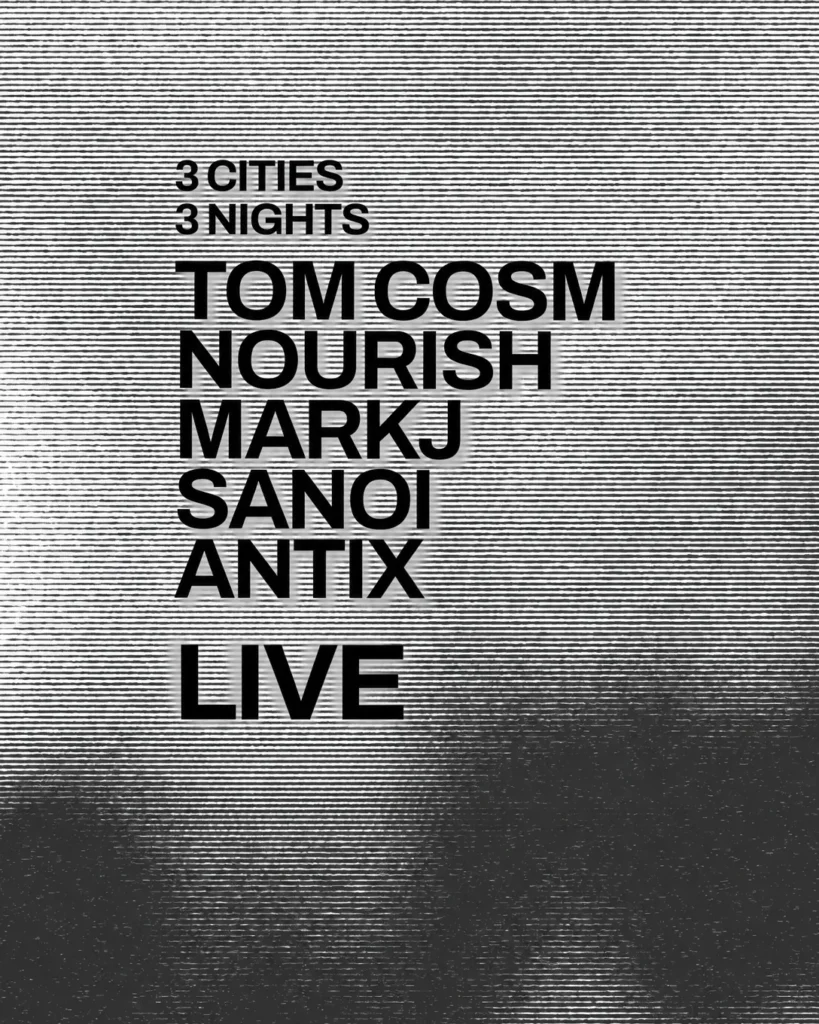 Left-aligned bold artist names on textured horizontal lines, monochrome promotional poster.