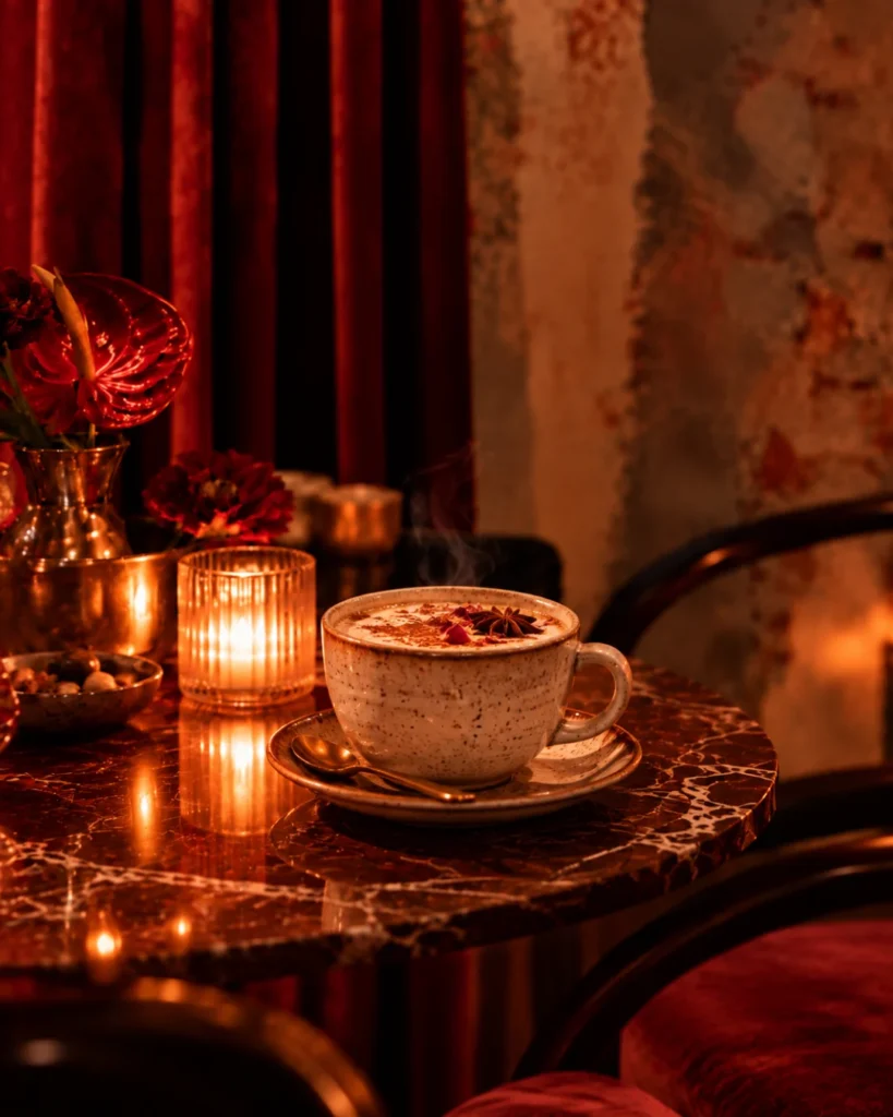 Speckled mug of chai on saucer beside a lit candle and brass vase with red flowers.