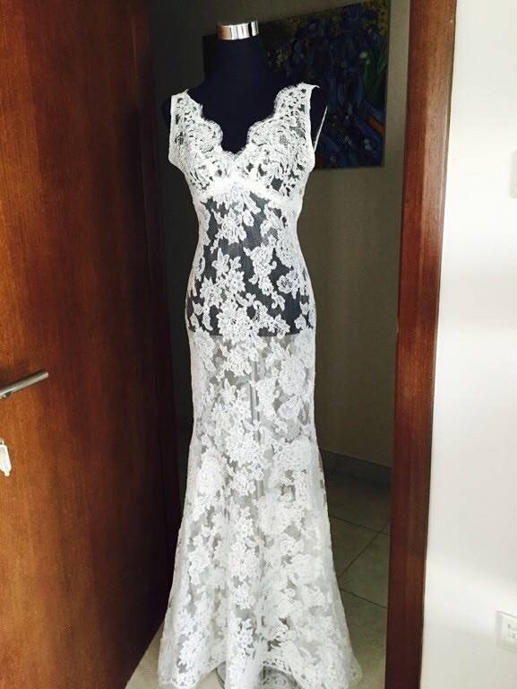 Sewciety Studio — lace dress White floral lace dress on a dress form, supplied by Sewciety Studio