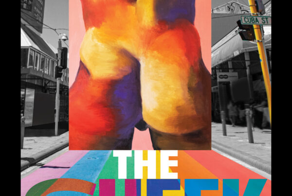 The Cheek exhibition artwork by Rachie Campbell, with bold painted colour and a rainbow crossing.