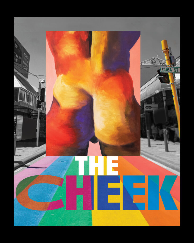 The Cheek exhibition artwork by Rachie Campbell, with bold painted colour and a rainbow crossing.